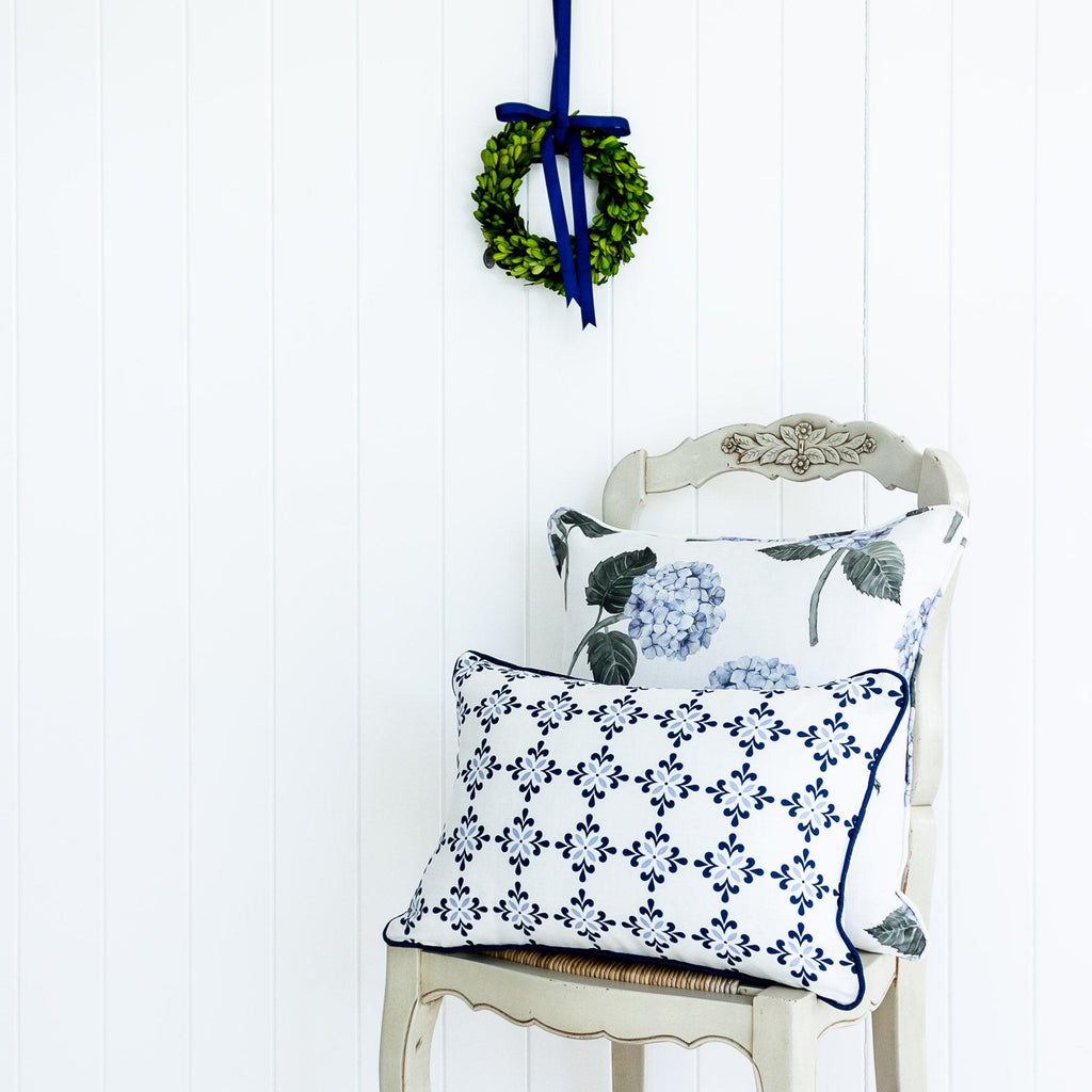 Amalfi Flower Cushion- Blues and Neutrals - Hydrangea Lane Home
