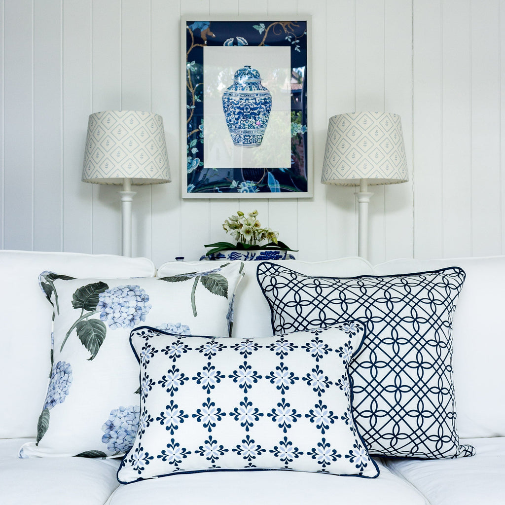 Amalfi Flower Cushion- Blues and Neutrals - Hydrangea Lane Home