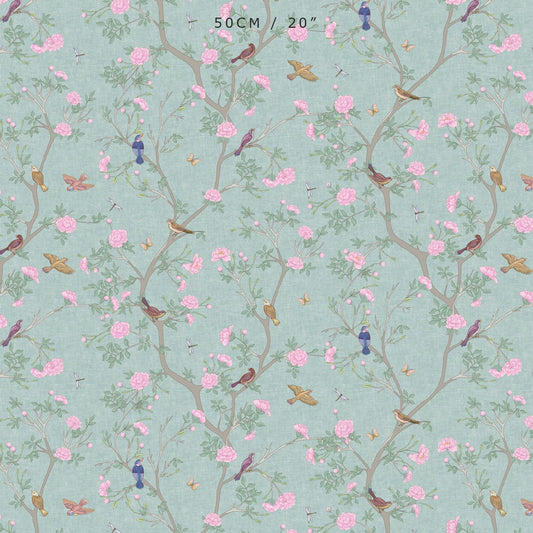 Camellia Garden Pink Fabric - Eau de Nil - Hydrangea Lane Home