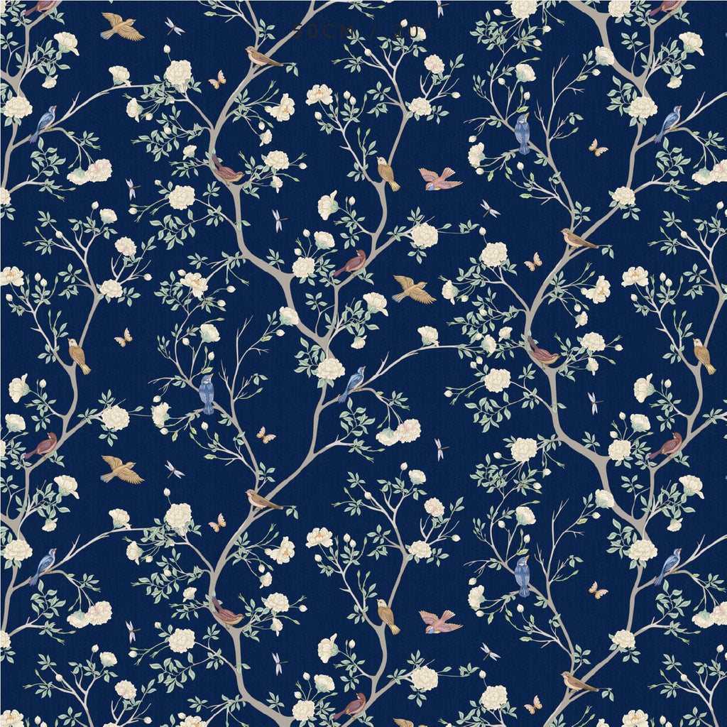 Camellia Garden White Fabric - Navy - Hydrangea Lane Home
