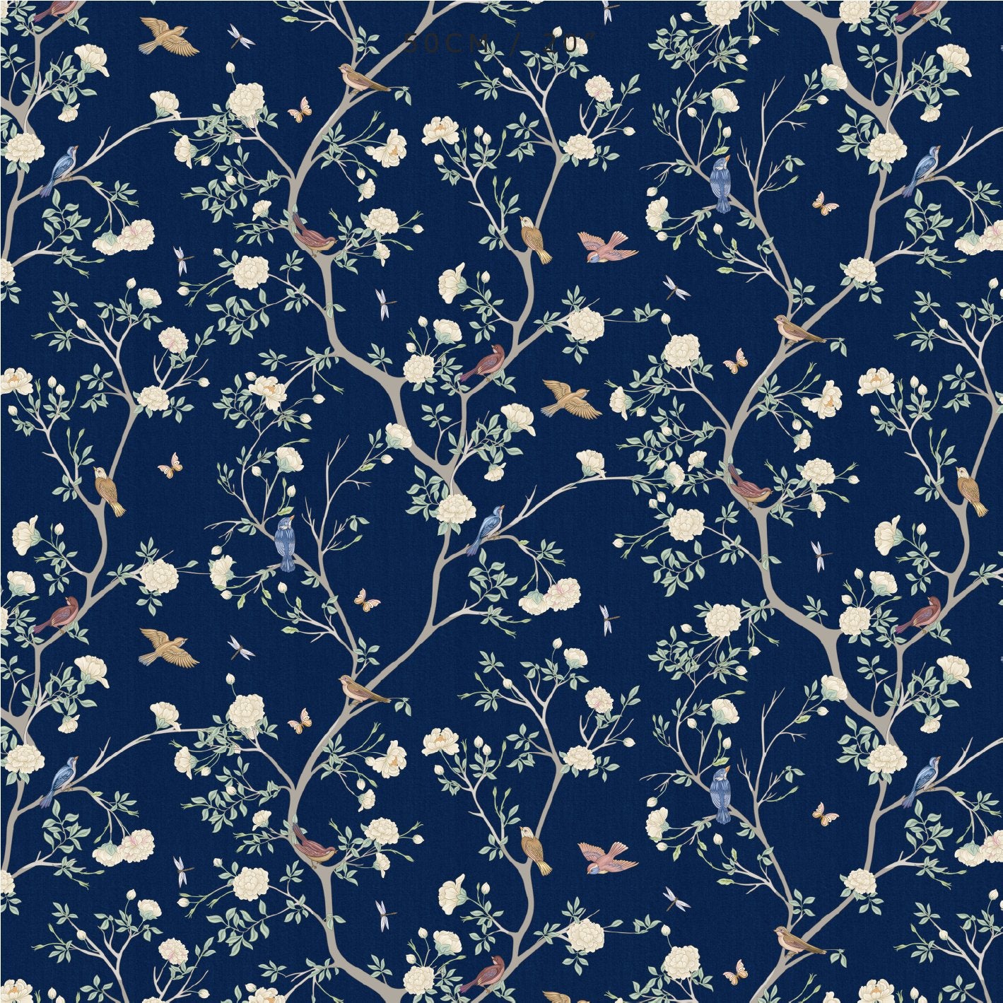 Camellia Garden White Fabric - Navy - Hydrangea Lane Home