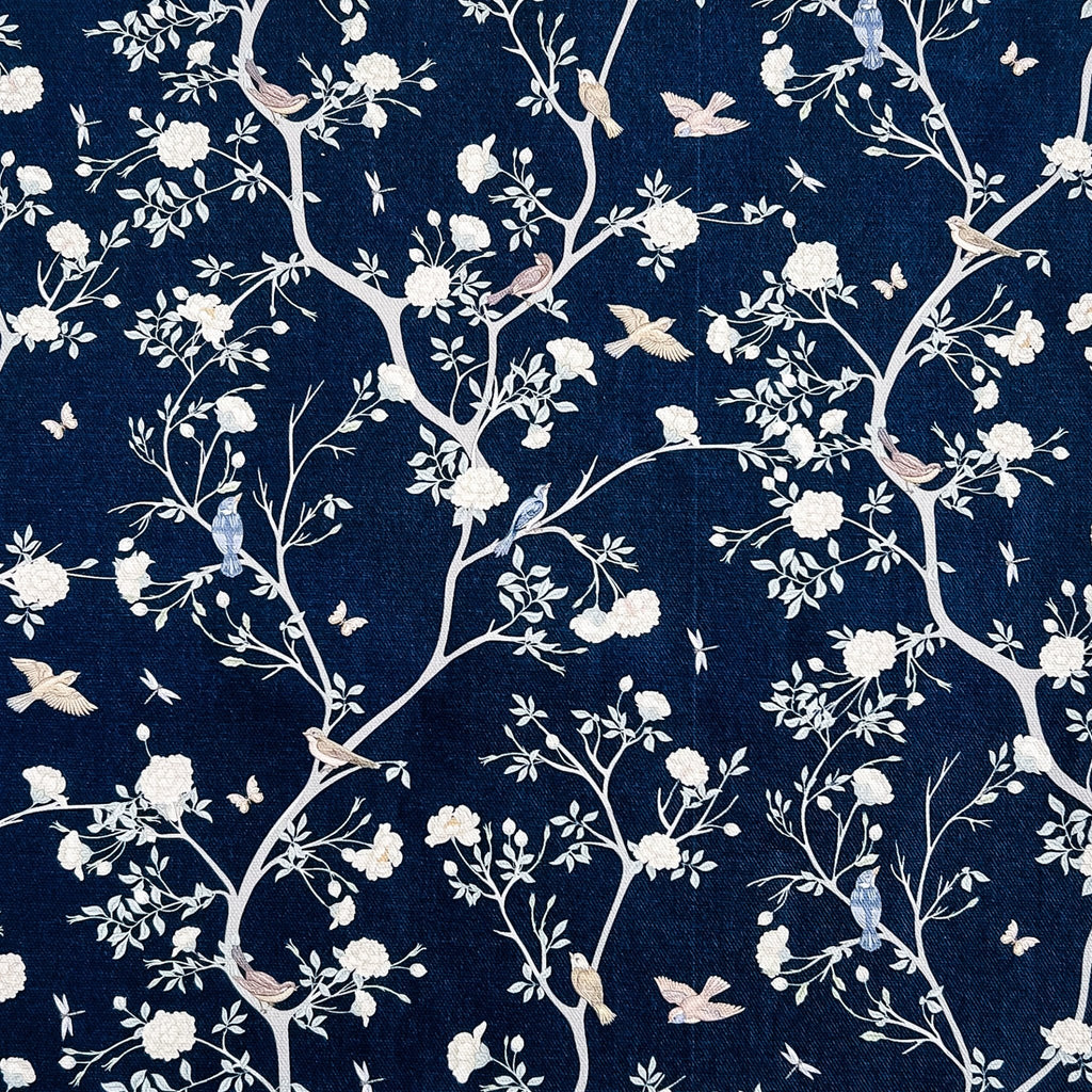 Camellia Garden White Fabric - Navy - Hydrangea Lane Home