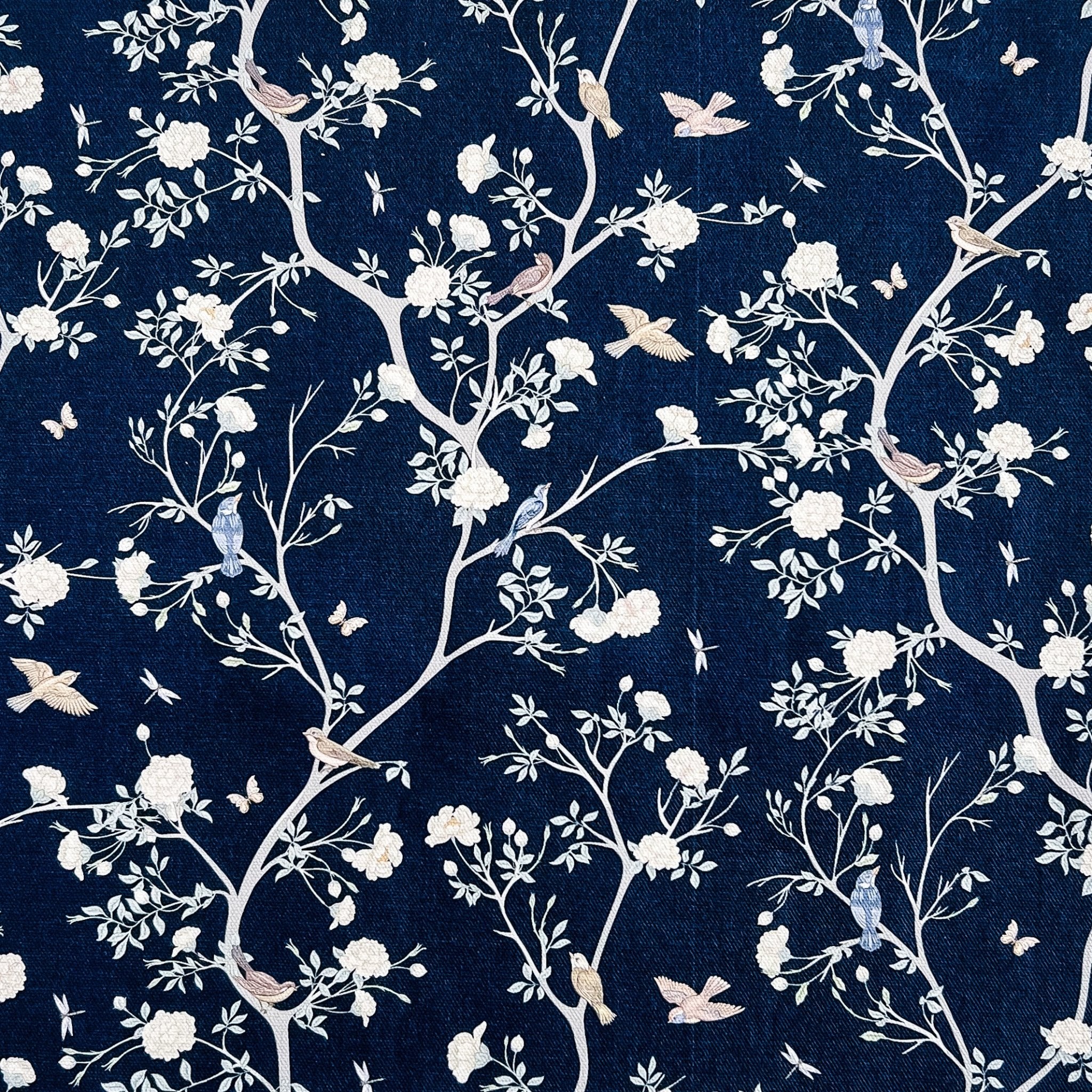Camellia Garden White Fabric - Navy - Hydrangea Lane Home
