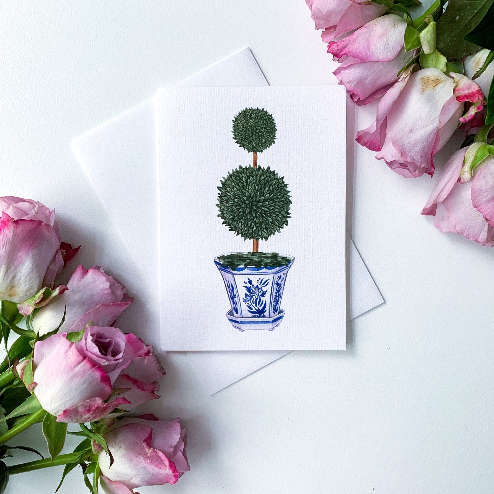 Double Topiary Tree in Chinoiserie Pot Greeting Card - Hydrangea Lane Home