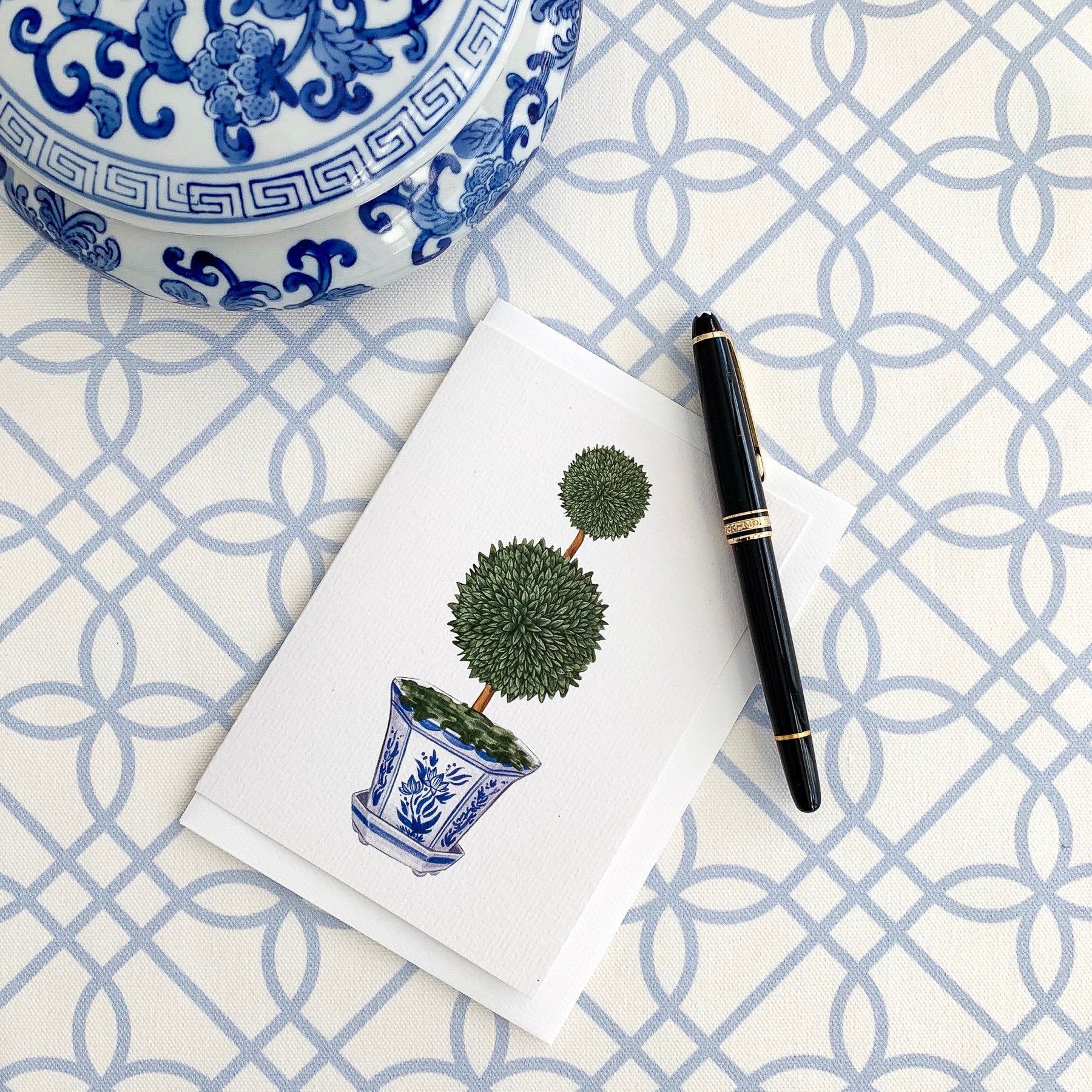 Double Topiary Tree in Chinoiserie Pot Greeting Card - Hydrangea Lane Home