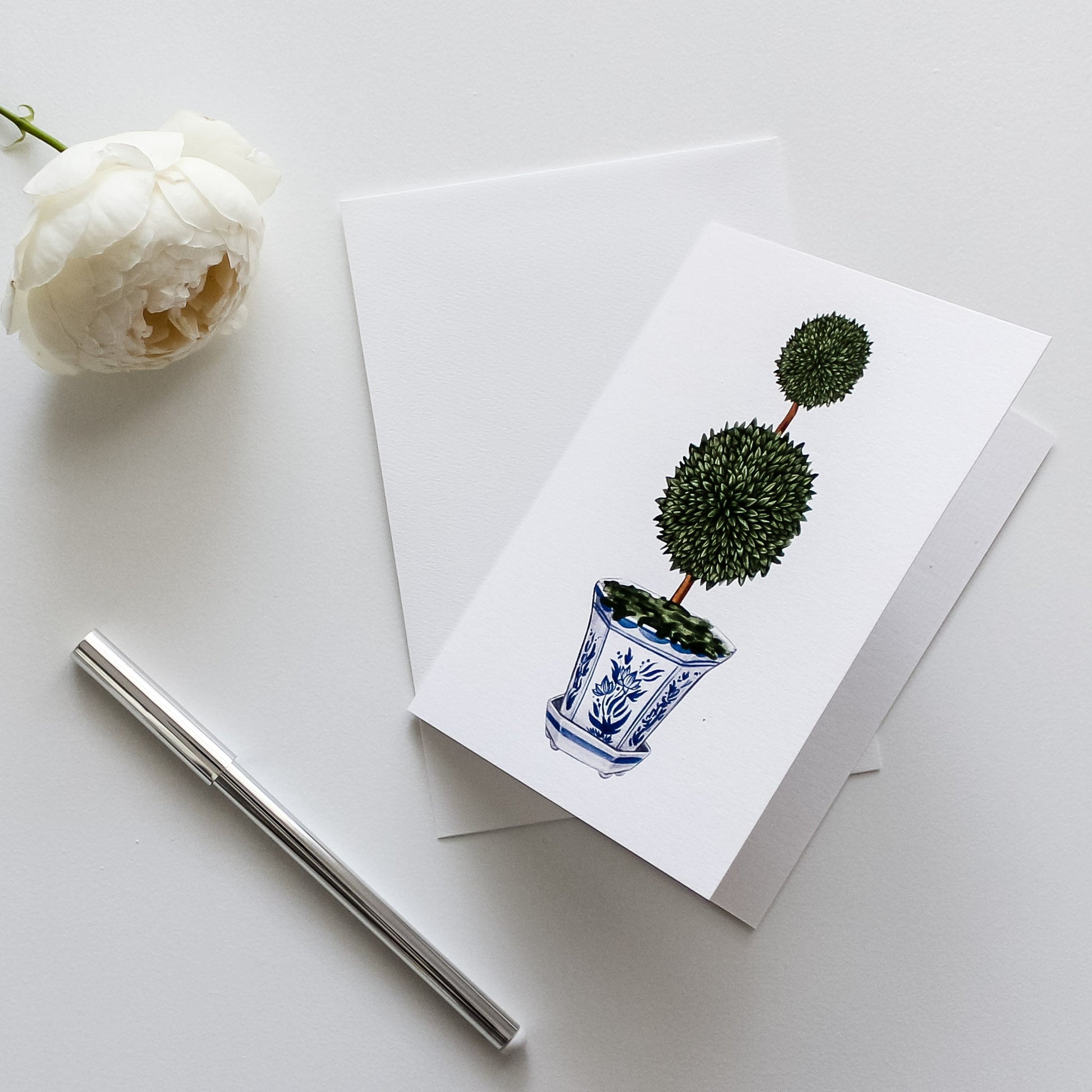 Double Topiary Tree in Chinoiserie Pot Greeting Card - Hydrangea Lane Home