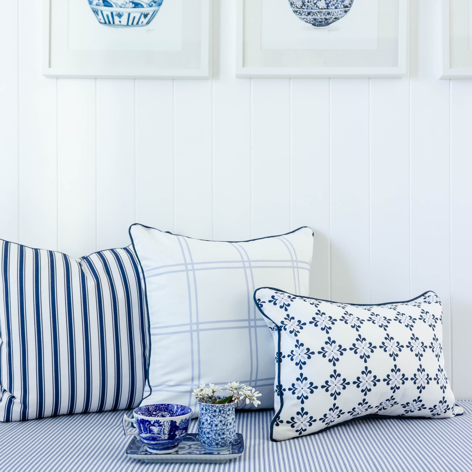 Double Window Pane Check Cushion - Blues - Hydrangea Lane Home