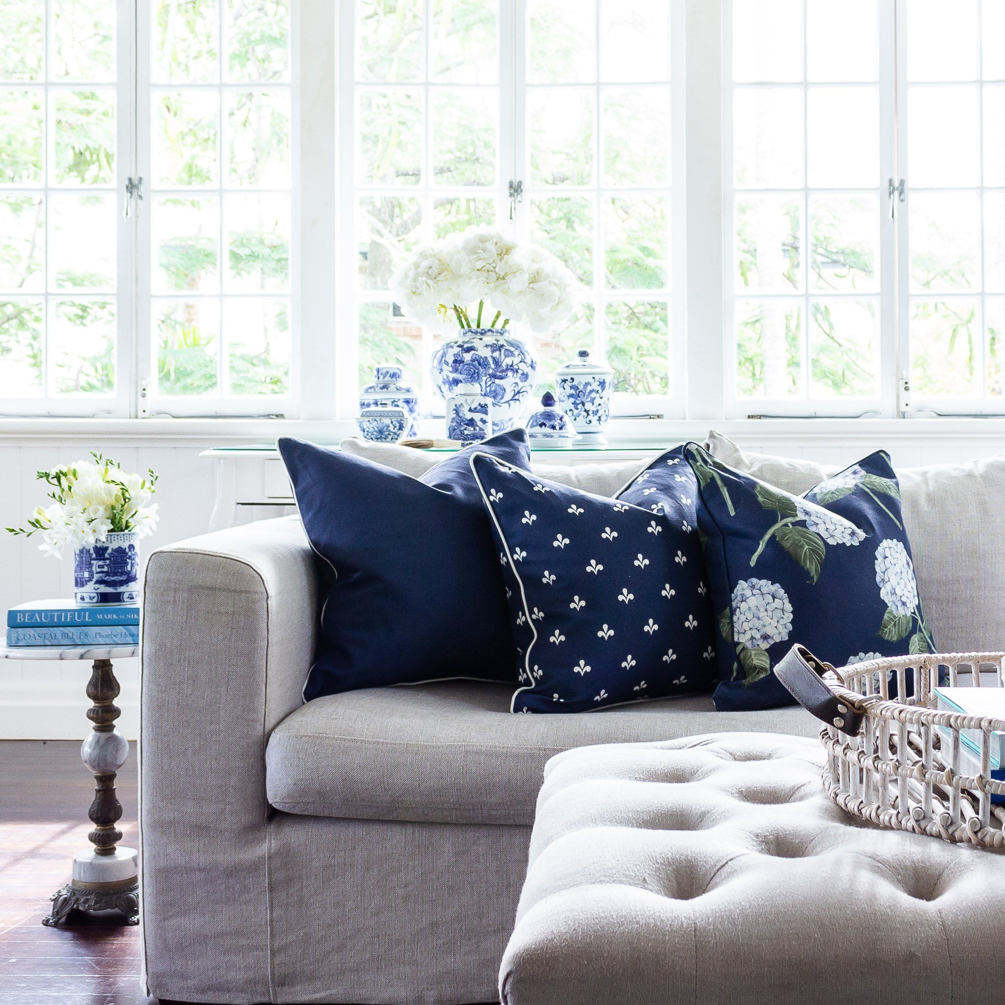Hydrangea Bloom Navy Cushion - Hydrangea Lane Home